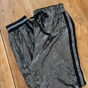 Pam & Gela Silver Sequin Jogger Pants with Black & Metallic Stripes size L